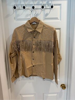 NWT Melrose With Love Tan Embellished shirt Top Rhinestones & fringe Sz L